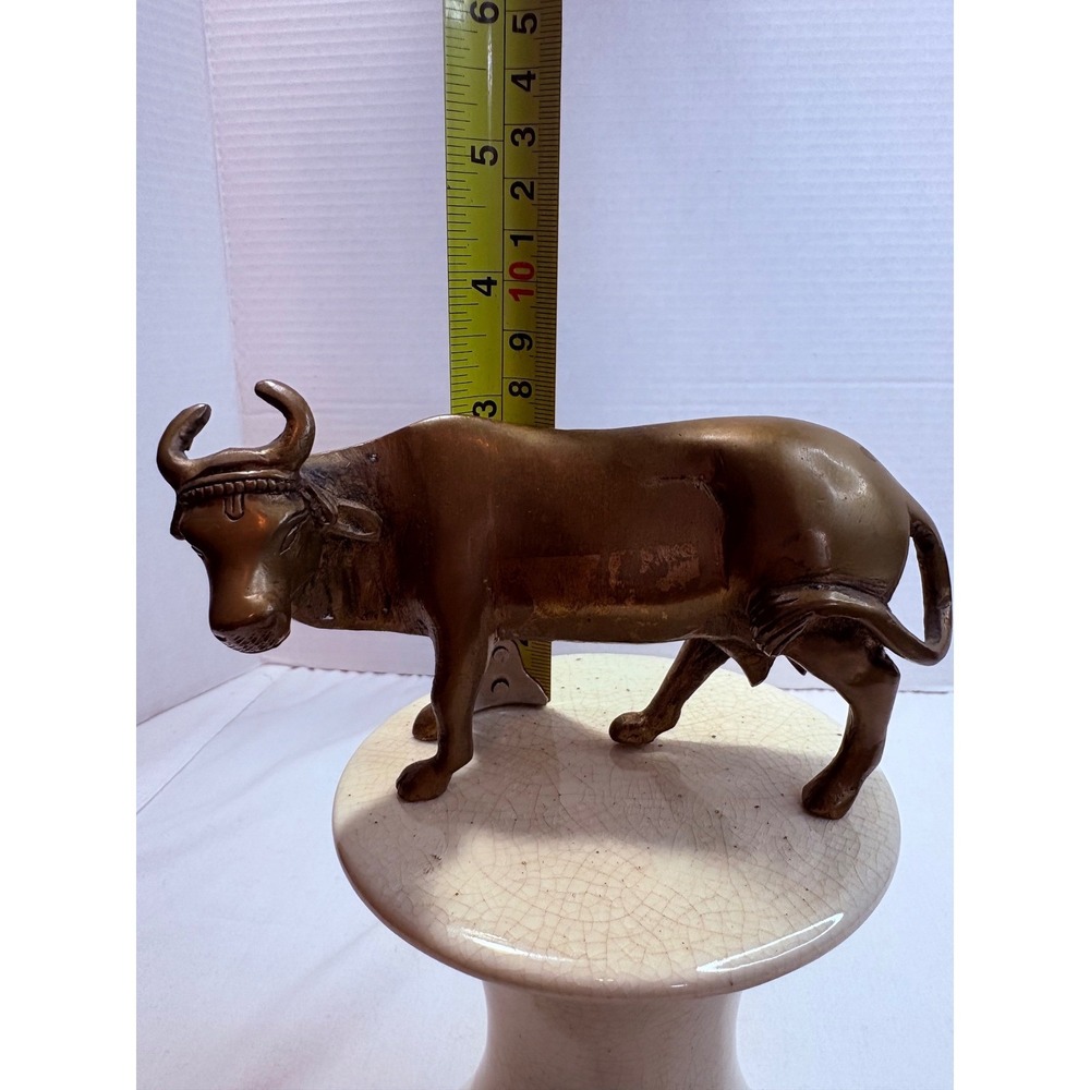 Solid Brass Cow Figurine Statue Metal Animal Decor Sculpture Vintage - Picture 8 of 9